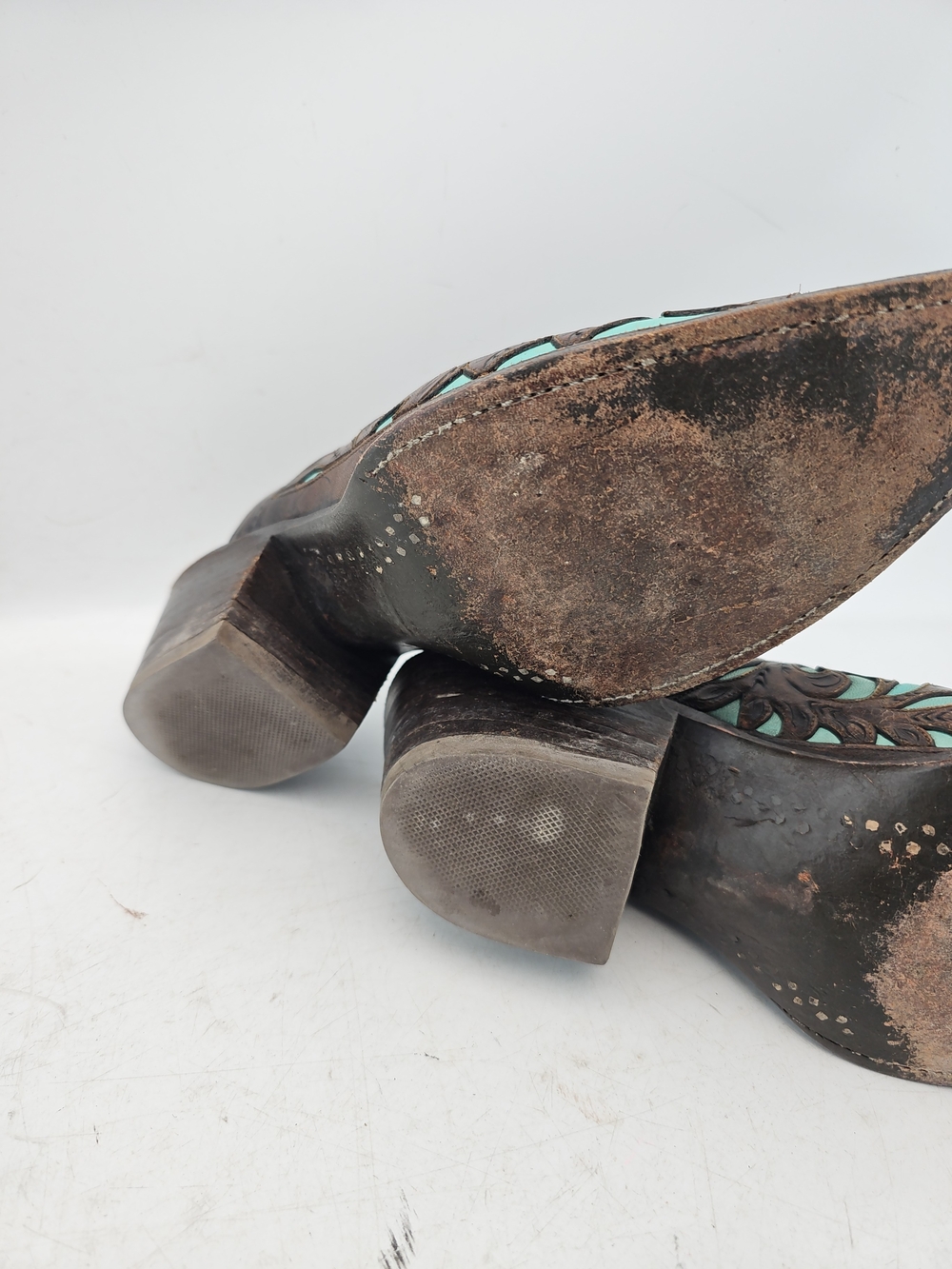 Old Gringo Brown Leather Wedge Mules with Turquoise Insets - Picture 8 of 8